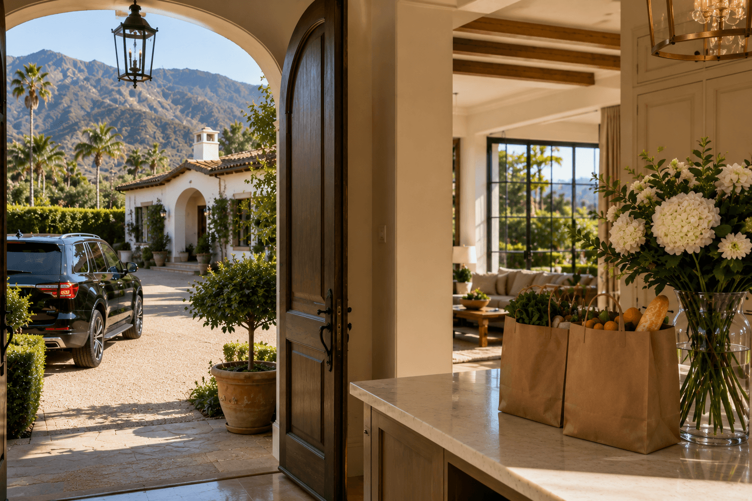 Front door open to a home with fresh groceries and flowers arriving, SUV waiting outside