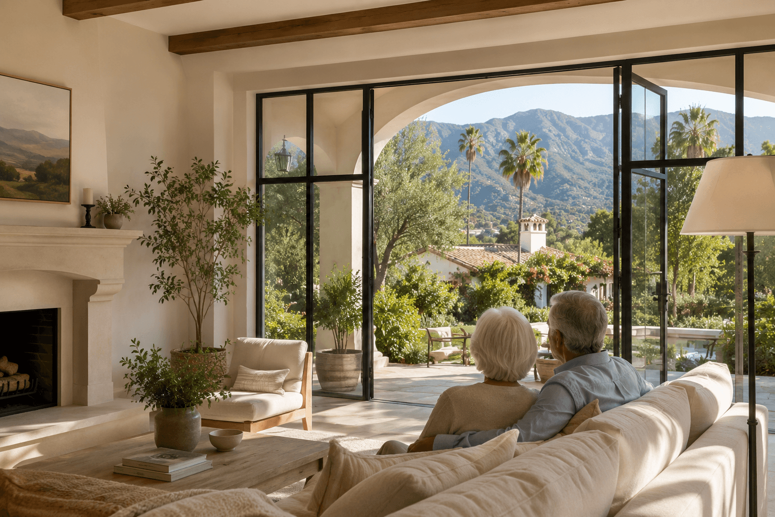 A couple seated together, looking out at the Montecito mountains